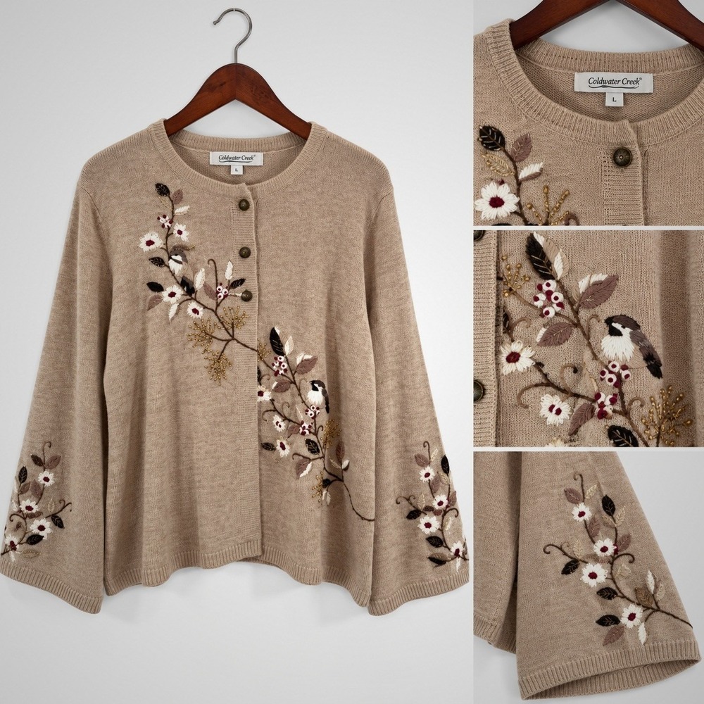 Vtg. Coldwater Creek Bird Embroidered Knit Button-Front Cardigan Sweater Large